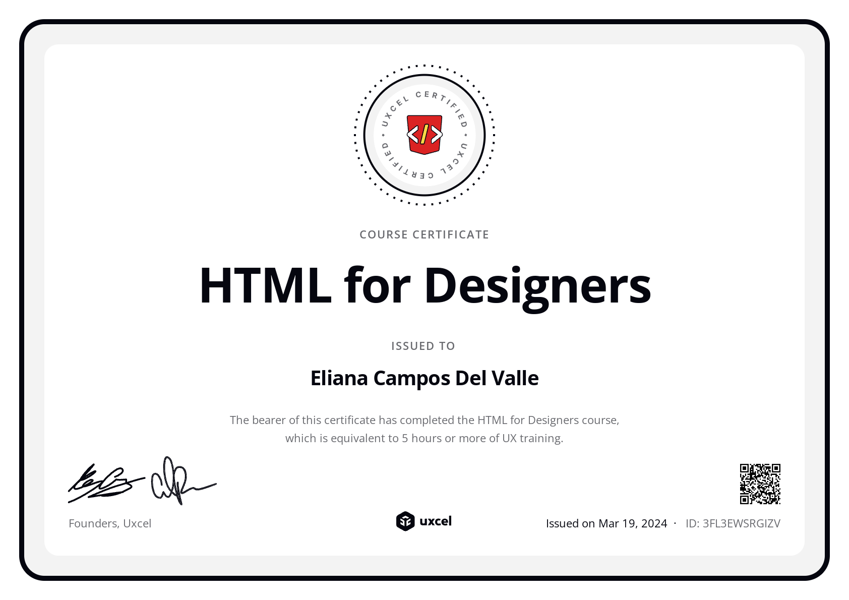 Eliana Campos Del Valle's certificate